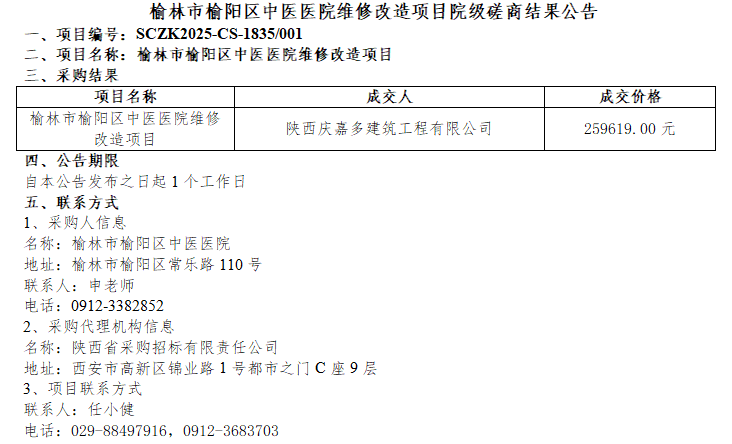 榆林市榆阳区中医医院维修改造项目院级磋商结果公告