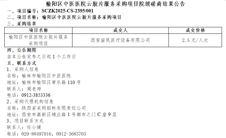 榆阳区中医医院云胶片服务采购项目院级磋商结果公告
